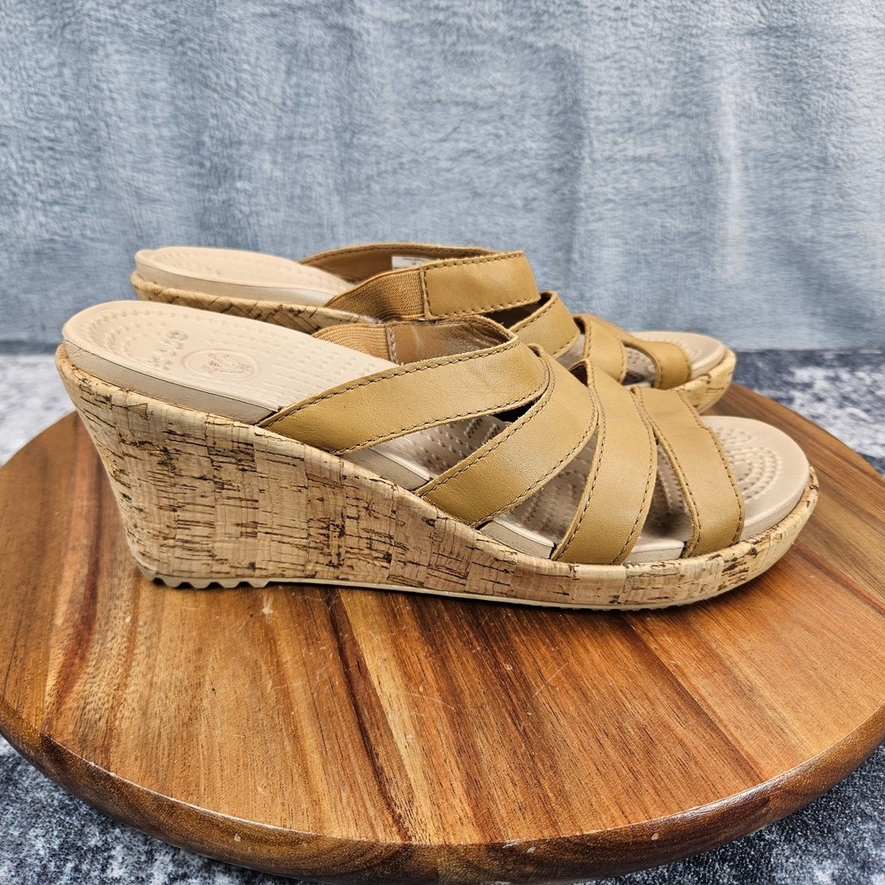 Crocs A-Leigh Wedge Sandals Womens 6 Tan Beige Cork Leather Slip On Strappy